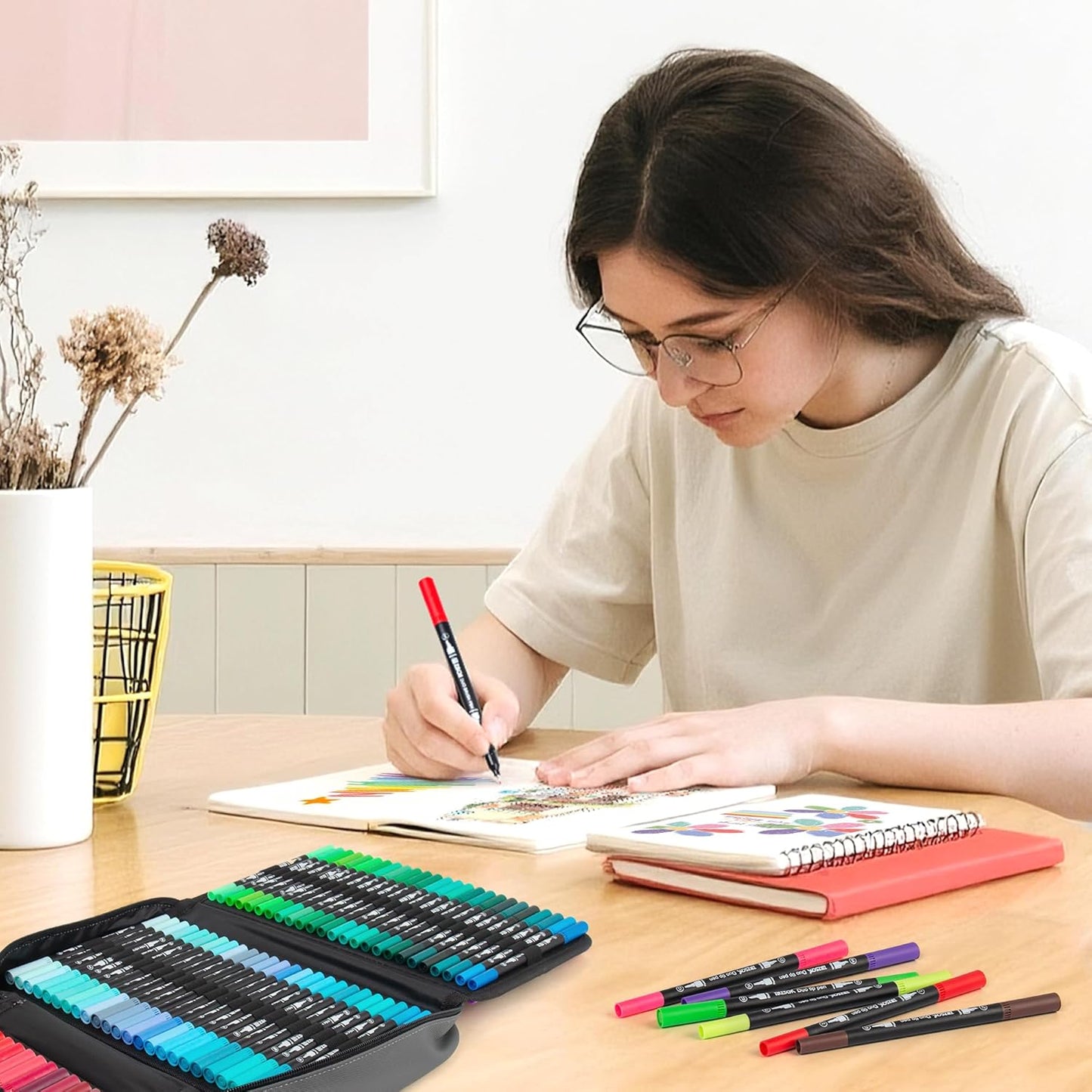 200 Colors Markers for Adult Coloring Books No Bleeding - Duo Tip Art Pens, Fine & Brush Coloring Marker for Adult Calligraphy, Illustration, Cards Drawing, Note taking Lettering, Journaling