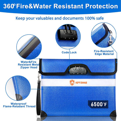 SPVIOQI 6500F Fireproof Document Bag with Lock, Upgraded 10Layer Heat Insulated, Water Resistant, Blue, Large, Rectangular, Fireproof Money Bag for Documents, Cash, Valuables
