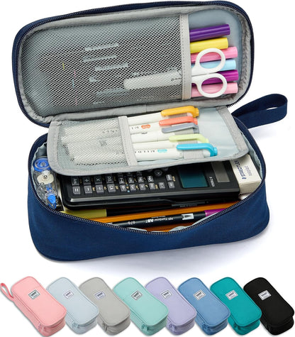 Pencil Case Pouch Box Bag School Supplies Girls Boys Kids, Cute Preppy Stuff Large Big Capacity Aesthetic Pen Organizer, Back to College Stationary, Navy Blue, Classic Stlye, 1800ml