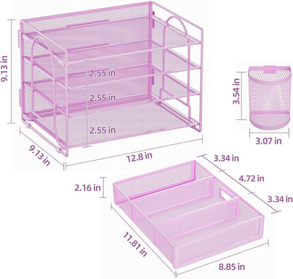 Marbrasse 4-Trays Desk File Organizer with 2 Pen Holder, Desktop Hanging File Holder with Drawer, Paper Letter Tray Organizer (Purple)