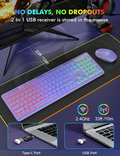 Wireless Keyboard and Mouse Combo, RGB Backlit, Rechargeable & Light Up Letters, Full-Size, Ergonomic Tilt Angle, Sleep Mode, 2.4GHz Quiet Keyboard Mouse for Mac, Windows, Laptop, PC, Trueque(Purple)