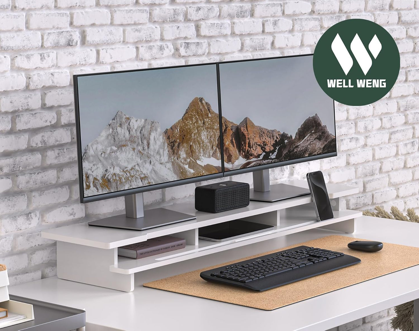 Monitor Stand Dual Monitor Stand Riser for Desk,Wood Desk Shelf Storage Organizer with Phone Tablet Holder (42.5 Inch, White)