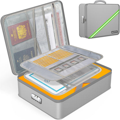 Noiposi Document Organizer with 5200℉ Heat Insulated,Waterproof and Fireproof Document Box,Portable Home Travel Safe Storage Box for Important Documents,File and Birth Certificate，Silver