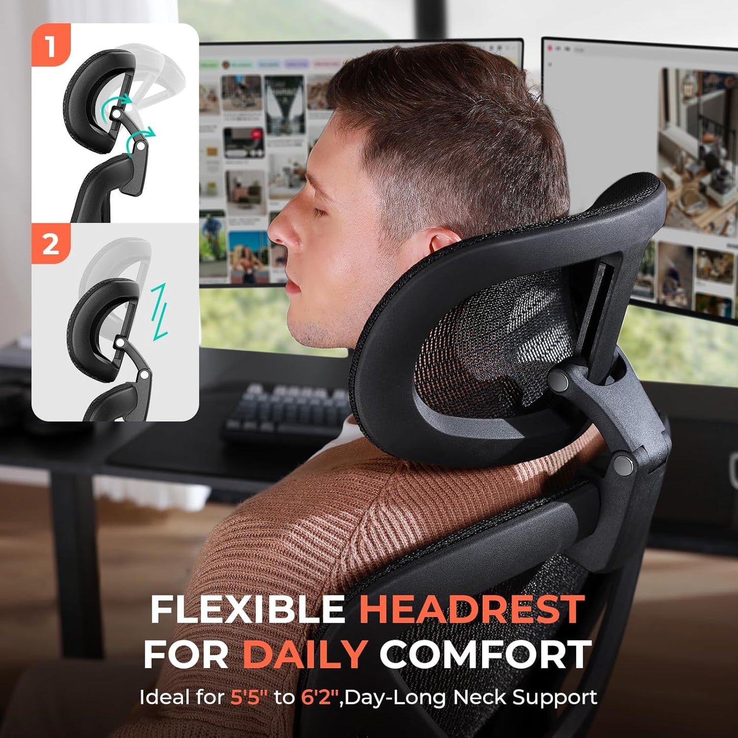 CAPOT Ergonomic Mesh Office Chair, Adjustable Lumbar High Back Desk Chair 400lbs, 4D Flip-up Arms, 3-Level Tilt Backrest, 3D Headrest, PU Wheels, Swivel Rolling Computer Seating for Long Desk Work