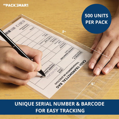 Clear Bank Deposit Bags 6"x9" 500-pack | Secure Bank Cash Transmittal Envelopes for Cash, Coins, Credit Cards, Checks, and More | Numbered, Self-Sealing, and Permanent Adhesive