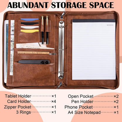 Calfinder 3 Ring Portfolio Binder,PU Leather Padtfolio Binder with Zipper,Padfolios for Women&Men,Professional Business Portfolio Organizer for Resume/Interview, A4 Letter Document Organizer