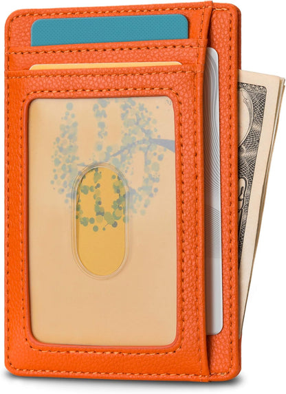 Buffway Slim Minimalist Front Pocket RFID Blocking Leather Wallets for Men and Women - Lichee Orange