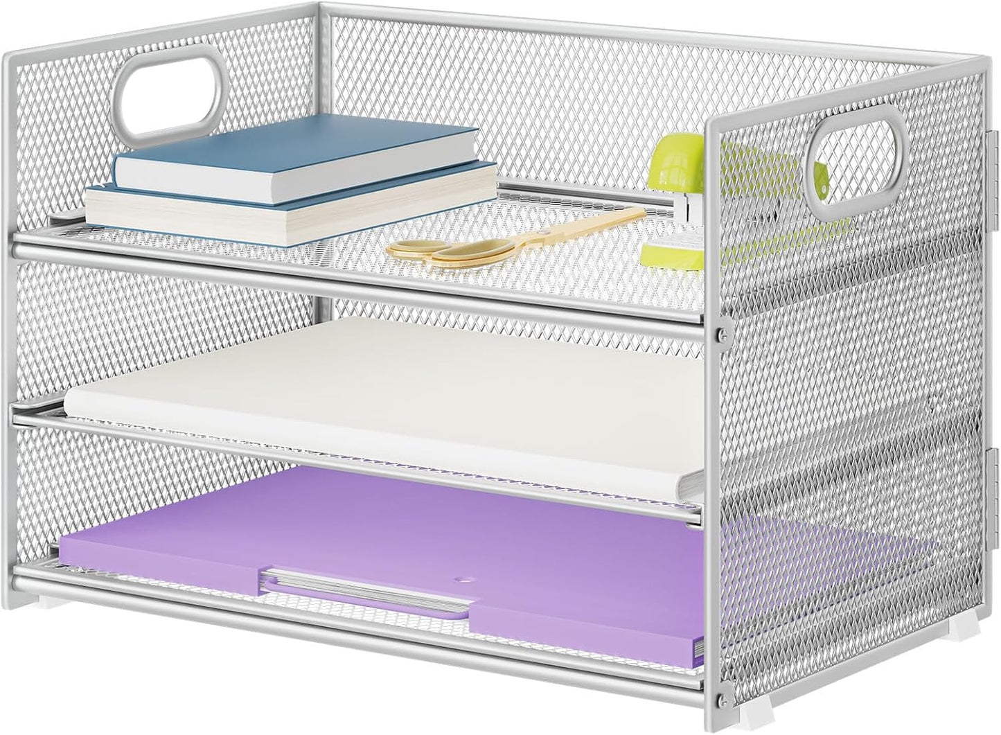 Marbrasse 3 Tier Paper Organizer Letter Tray, Mesh File Organizer with Handle, Paper Sorter Desk Organizer for Home Office Supplies - Silver