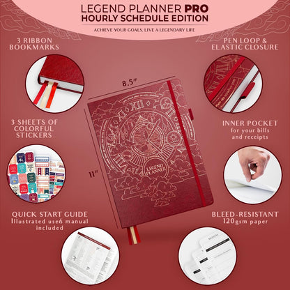 Legend Planner PRO Hourly Schedule - Weekly & Daily Organizer with Time Slots. Appointment Book Journal for Work & Personal, A4 (Wine Red)
