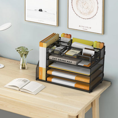 5 Tier Paper Letter Tray with File Holder and 3 Drop-in Pen Holders, Mesh Desk File Organizer with Handle, Desk Organizers and Accessories for School,Home, Office Supplies Storage-Black