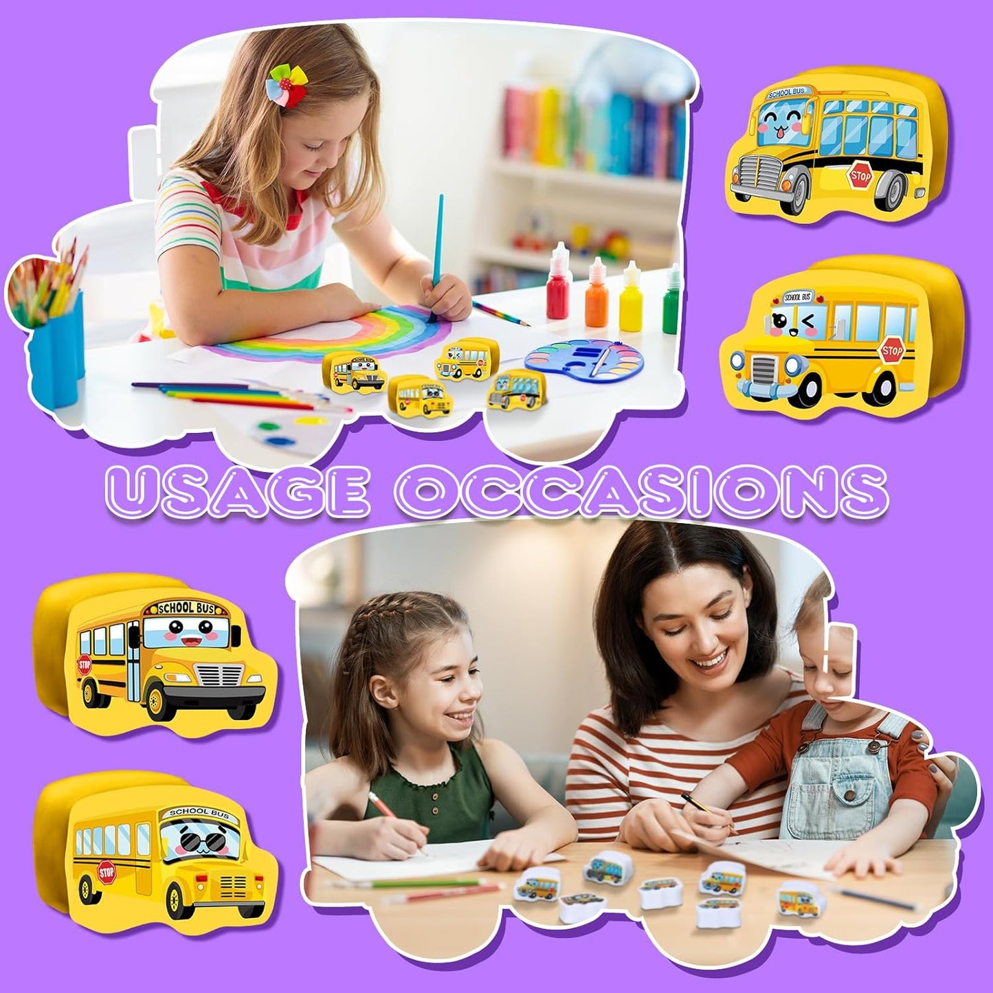 PerKoop 60 Pcs Mini Erasers for Kids Cute School Bus Erasers Bulk Welcome Back to School Gifts for Students Classroom Rewards Prizes Party Favors