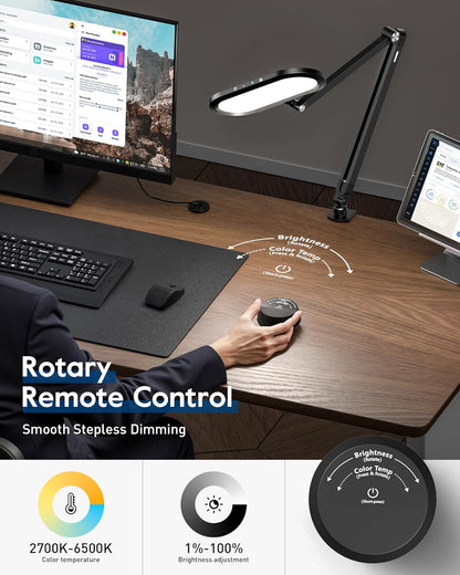 Desk Lamp for Home Office, Eye-Care Dual-Sided Seamless Dimmable LED Desk Light with Knob Remote, Adjustable Arm Clamp Computer Lighting for Video Conference Recording, Zoom Call, Task, Stream