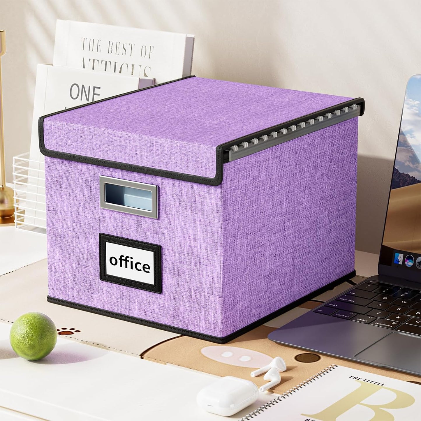 Decorative File Organizer Storage Boxes with Lid, Huolewa Linen Hanging Filing & Storage Box with Plastic Slide for Office/Decor/Home, Universal Hanging Filing Organization Box for Letter/Legal Folder