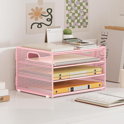 Subekyu Paper Letter Tray Organizer for Desk, Pink Metal Mesh Desk File Sorter Organizer with Handle and 2 Sliding Trays for Home Office School Supplies Organization