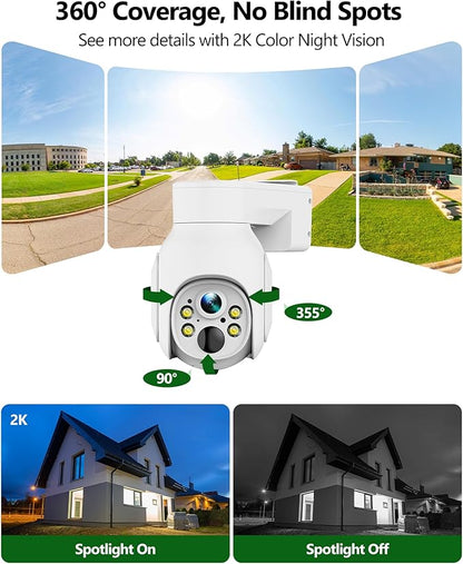 Camcamp Solar Security Cameras Wireless Outdoor, 2K Wireless Battery Security System with 10CH NVR & 500GB HDD, PTZ, Color Night Vision, IP66 Waterproof, Motion Alert, Work with Alexa, 0 Monthly Fee