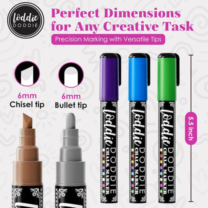 Loddie Doddie Metallic Liquid Chalk Markers for Chalkboard - 8 Count, 6mm Reversible Chisel & Bullet Tip - Erasable Chalk Pen - Metallic Chalkboard Markers - Chisel Tip Pens