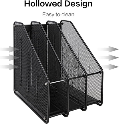 deli Mesh Magazine File Holder, Desk Organizer File Folder Document Rack for Office Organization and Storage, 3 Vertical Compartments, Black
