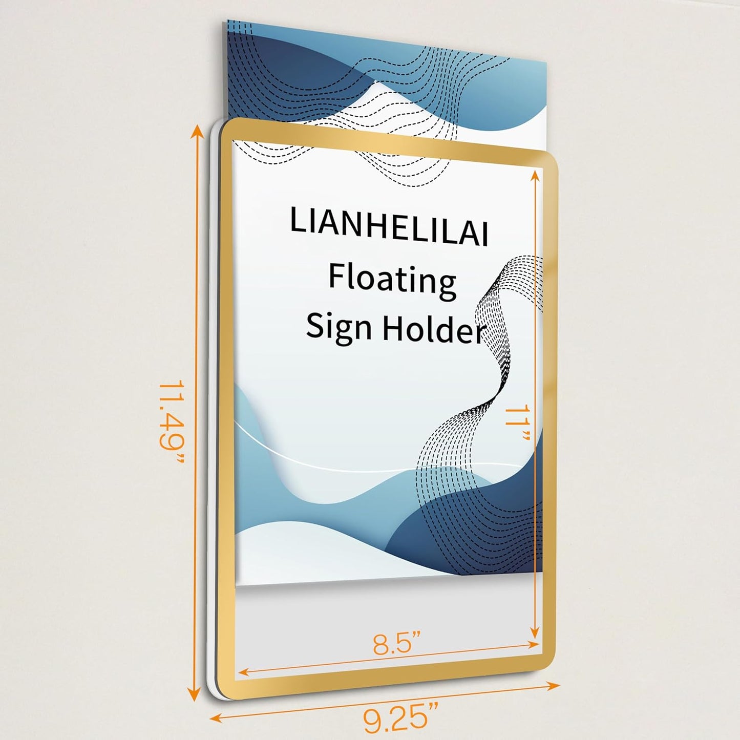 8.5x11 Wall Sign Holder Floating 3 Pack, Self-Adhesive Display Frame for Document/Poster/Paper Office/Store/Wall Mounted for Door/Window Display Holder with Horizontal and Vertical (Gold)