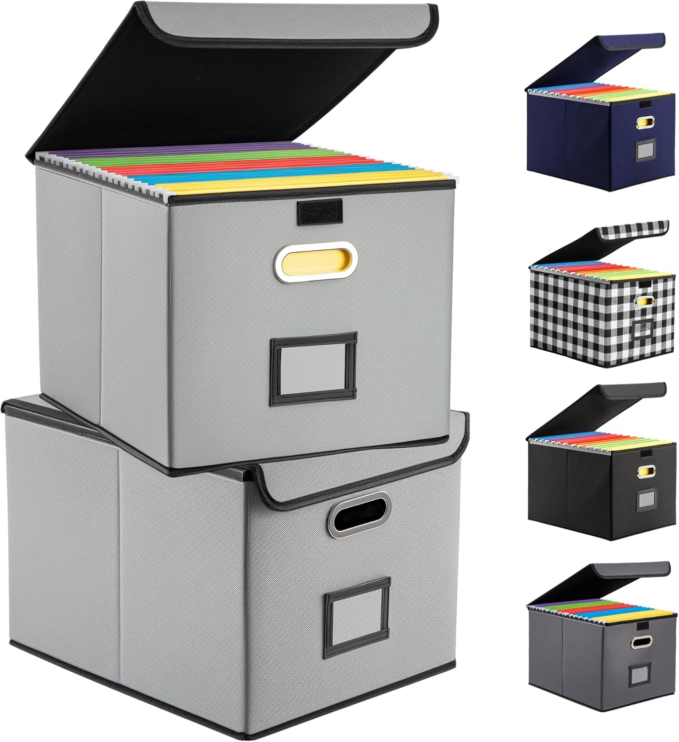 File Organizer Box, Linen Filing Organizer with Lid, Large Desktop File Boxes, Light Grey,2 Pack