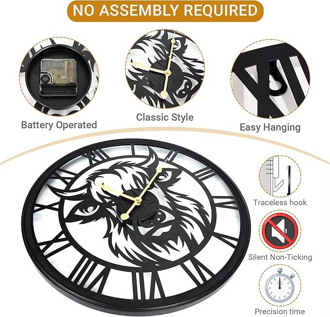 24Inch Large Wall Clocks Battery Operated,Farmhouse Black Metal Non-Ticking Wall Clock,Wall Clocks for Living Room Decor,Bedroom,Kitchen(Highland Bull Wall Clock, 24 Inch)