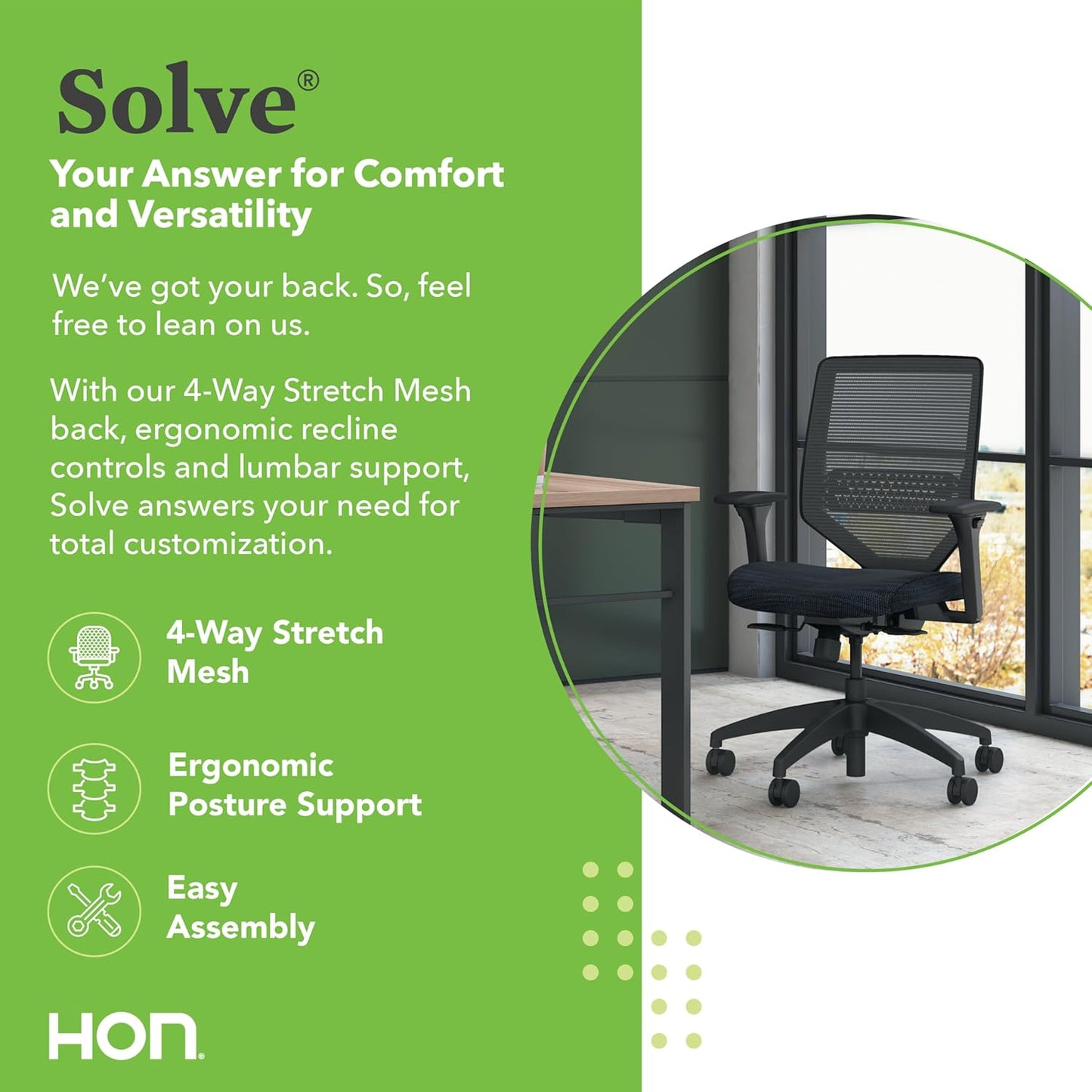 HON Solve Task Chair, Ergonomic Office Chair Mesh Back Support, Adjustable Lumbar, with Wheels, Height-Adjustable Arms, for Computers, Desks, Home Office, Black