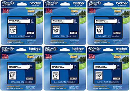 Brother Genuine P-Touch, TZe-231 6 Pack Tape ½” (0.47”) x 26.2 ft. (8m) 6-Pack Laminated P-Touch Tape, Black on White, Perfect for Indoor or Outdoor Use, Water Resistant, TZE2316PKB (TZE231)