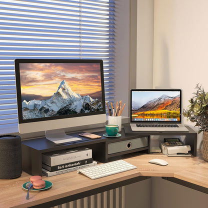 WESTREE Dual Monitor Stand Riser with Drawer, Adjustable Length and Angle Monitor 2 Solts for Phone & Tablet, Desktop Organizer Stand for Computer/Laptop/PC/Printer