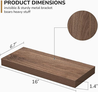 Fun Memories Floating Shelves - 16 Inch Wall Shelf for Decor & Storage - Wall Mounted Display Shelving with Invisible Heavy-Duty Metal Bracket 2Pack, Walnut