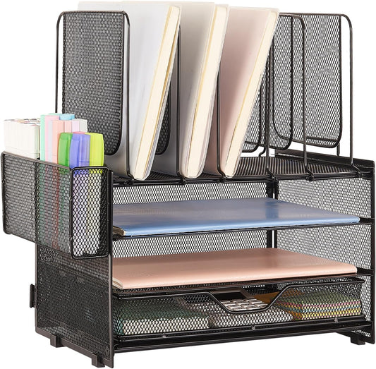 Desk Organizers and Accessories, 3-Tier Paper Organizer with 5 Vertical File Holders, File Organizer for Desk (Black With Drawer, 3T With Drawer)