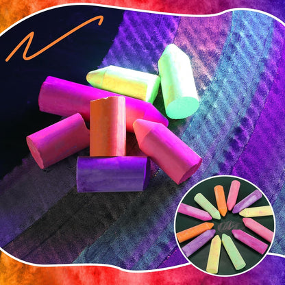 12 Pcs Glow in the Dark Chalk Under Blacklight, 6 Neon Colors Washable Dustless UV Sidewalk Chalk for Black Light Party Playground Chalkboard Birthday Gift and Outdoor Drawing (Crayon)