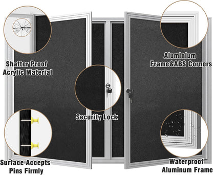 48"x34" Enclosed Bulletin Board, Outdoor Lockable Weather-Resistant Aluminum Cork Noticeboard for School & Office, Silver Frame w/Black Flet