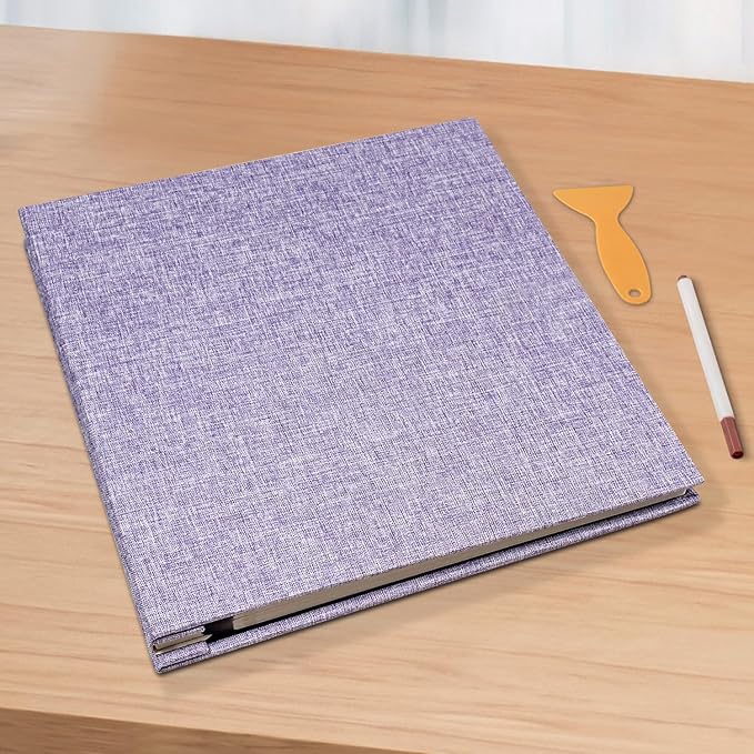 Photo Album Scrapbook – 4x6, 5x7 & 8x10 Pictures – Self-Adhesive Pages for Baby, Wedding, Travel & Family Memories | Includes Metallic Pen & Scraper/Light Purple Large DIY Memory Book for Gifts