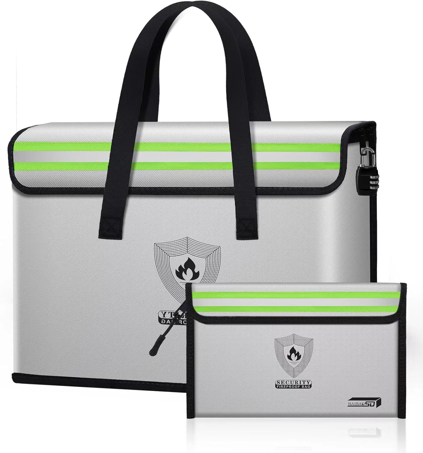 fireproof document pouch (16" x 12" x 5") silicone coated, combination lock office out bag, fireproof money pouch (8.75" x 6.0") for cash, coins, credit cards, passport and other valuables