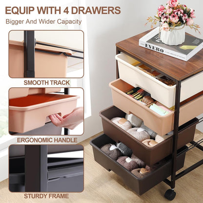 Utility Cart with 4 Drawers,Rolling Storage Cart with Drawers,Storage Rolling Drawer Cart,Brown