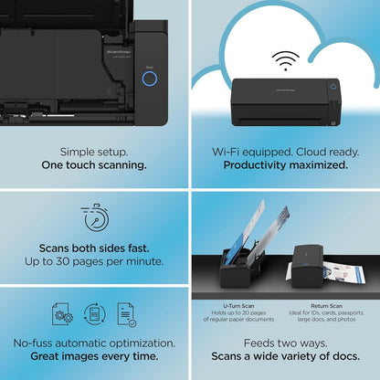 ScanSnap iX1300 Compact Wireless or USB Double-Sided Color Document, Photo & Receipt Scanner with Auto Document Feeder and Manual Feeder for Mac or PC, Black
