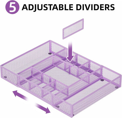Marbrasse Expandable Desk Drawer Organizer, Mesh Drawer Organizer Tray with 10 Adjustable Compartments, Desk Organizers and Accessories for Office Supplies, Makeup & Vanity (Expandable-Purple)