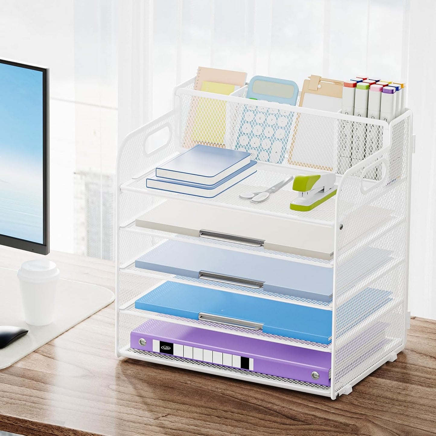 Marbrasse 5 Tier Paper Organizer with 3 Pen Holders, Mesh Desk File Organizer with Handle, Paper Sorter Desk Organizer for Home Office Supplies(White)