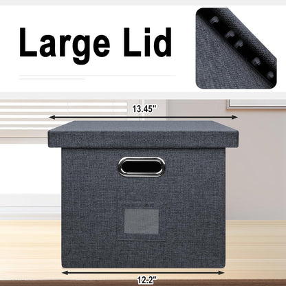 File Organizer Box, Decorative Storage Filling Box with Lid for Letter Legal Size Hanging Folders Collapsible Linen File Folder Box Office Document Storage Filing Bin, Dark Gray 4 Pack
