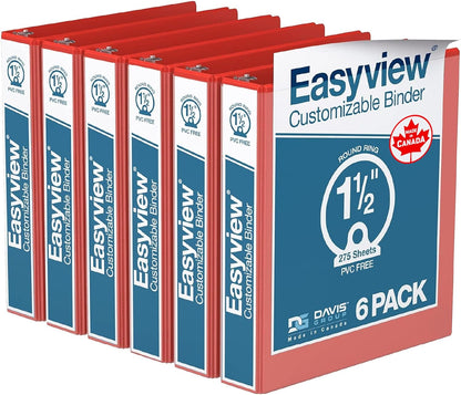Easyview Premium 3-Ring Binders with Clear-View Covers and Round Rings, Binders for School or Office, 1.5 Inch, Pack of 6, Red
