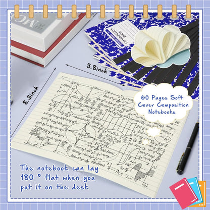 Fainne 100 Pack A5 Composition Notebooks Bulk College Ruled Composition Notebooks Marble Covers Notebook for Student Classroom Office Supplies 30 Sheet/60 Page(Dark Blue)