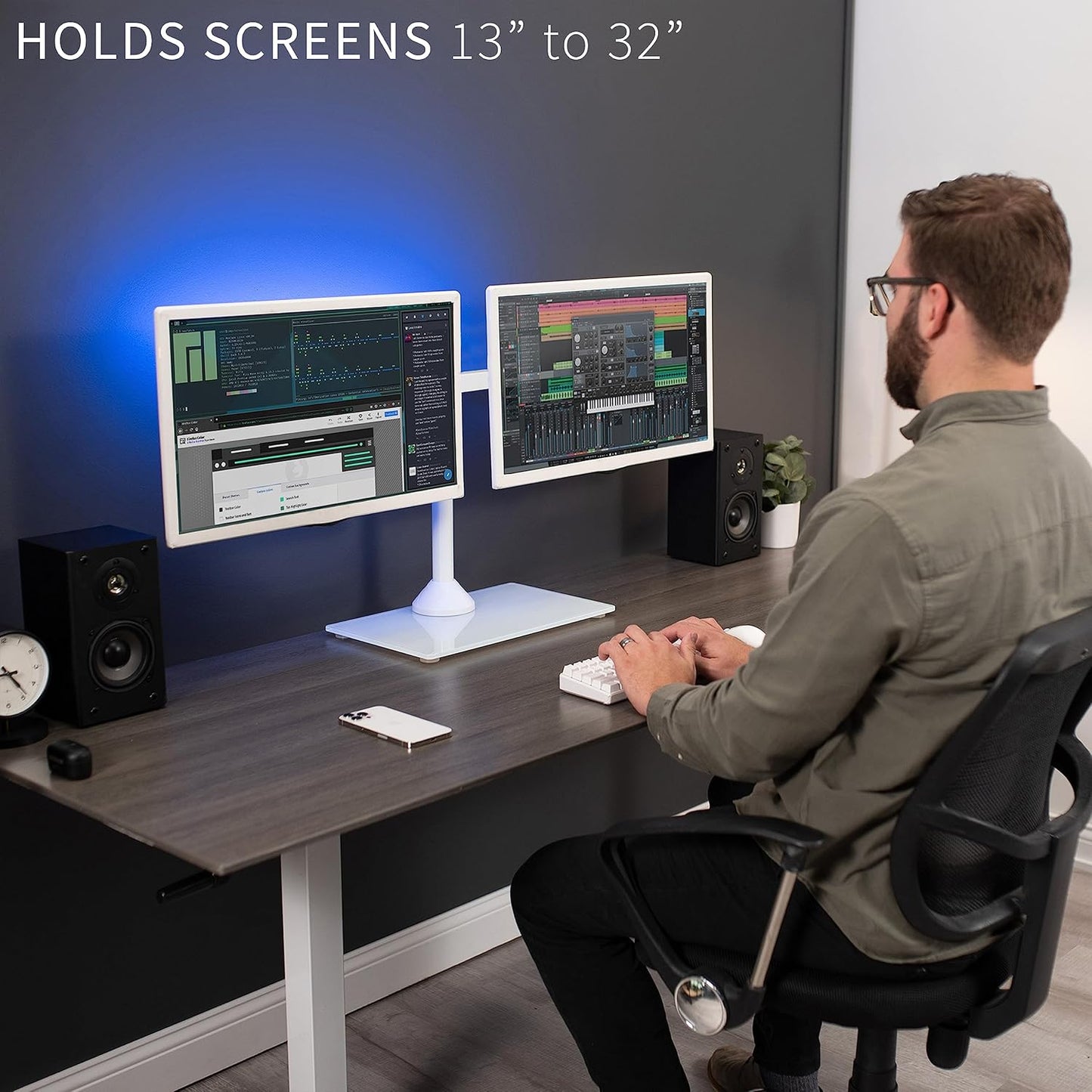 VIVO Freestanding Dual Monitor Stand with Sleek Glass Base and Adjustable Arms, Mounts 2 Screens up to 32 inch and 22 lbs Each, White, STAND-V002FGW