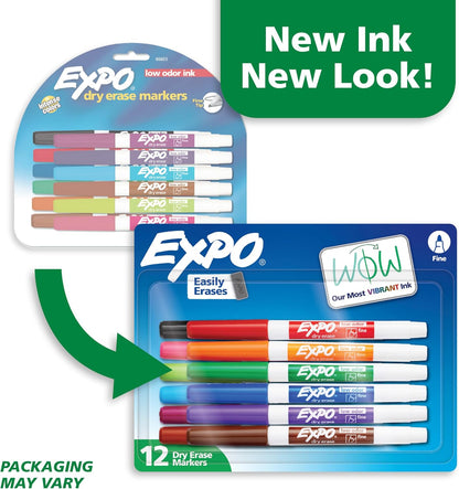 EXPO Low Odor Dry Erase Markers Fine Tip Assorted Colors 12 Count
