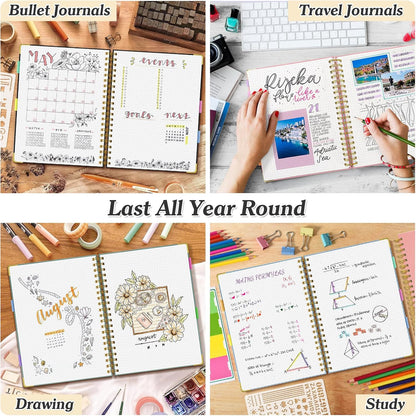 Bullet Dotted Journal Spiral Notebook, 300 Pages Leather Notebooks with Contens, 120 GSM Thick No Bleed Through Paper Journals, A4 Dot Grid Notebook for Women Men Work Writing, 8.5" x 11", Light Blue