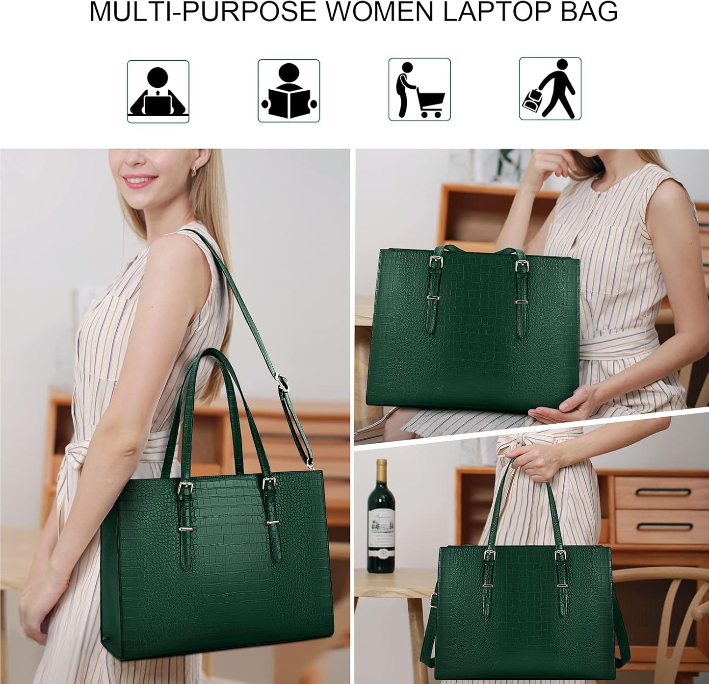 Laptop Bag for Women 15.6 Inch Laptop Tote Bag Leather Classy Computer Briefcase for Work Waterproof Handbag Professional Shoulder Bag Women Business Office Bag Large Capacity Green