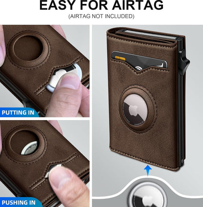 Airtag Wallet for Men,with Cash Pocket 2 ID Window 9-12 Cards,Metal Case Smart Slim Pop Up Credit Card Holder Flip with Magnetic Closure RFID Blocking Trifold wallet with Gift Box