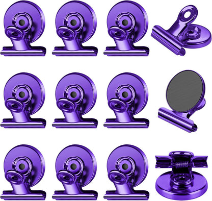 FINDMAG 12 Pack Magnetic Clips for Photo Display and Picture Hanging, Strong Fridge Magnets, Scratch-Free Heavy Duty Magnet Clips for Whiteboard, Kitchen, Office, School, Purple, 30mm Wide.