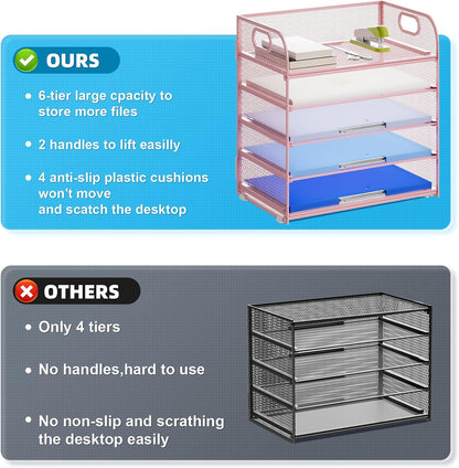 Marbrasse Paper Organizer Letter Tray, 5 Tier Mesh File Organizer with Handle, Paper Sorter Desk Organizer for Home Office Supplies - Pink