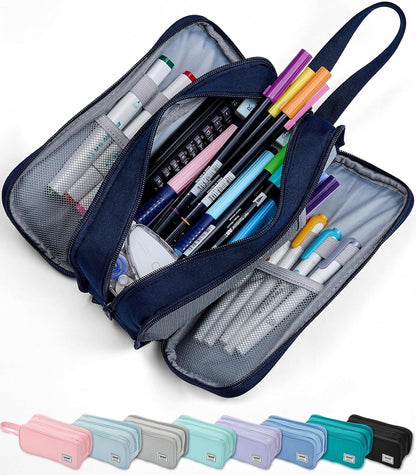 Pencil Case Pouch Box Bag School Supplies Girls Boys Kids, Cute Preppy Stuff Big Capacity Aesthetic Pen Organizer, Back to College Stationary, Navy Blue, Extra Large Style, 2300ml