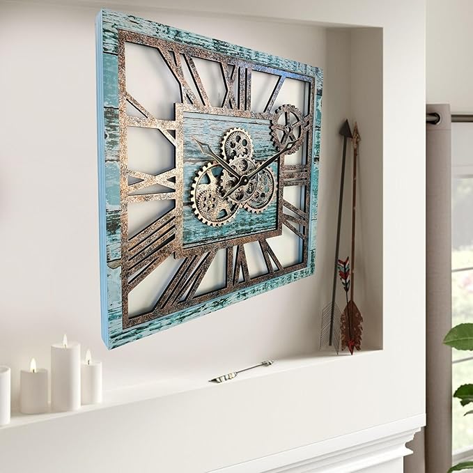 ImprovingLife The Gears Clock 24'' Inch Square Real Moving Gear Wall Clock Vintage Industrial Oversized Rustic Farmhouse (Aqua Green)