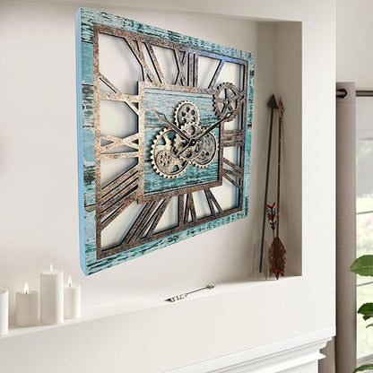 ImprovingLife The Gears Clock 24'' Inch Square Real Moving Gear Wall Clock Vintage Industrial Oversized Rustic Farmhouse (Aqua Green)